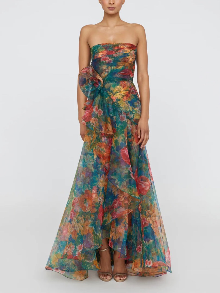 Theia Leona Rosette Ruffle High-Low Gown Size 4, Floral Pebble Organza